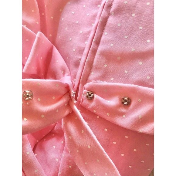 Vintage 70s Maxi Dress Pink Swiss Dot Ruffle Pom Trim Puff Sleeve ILGWU Size 7/8 - Picture 11 of 13